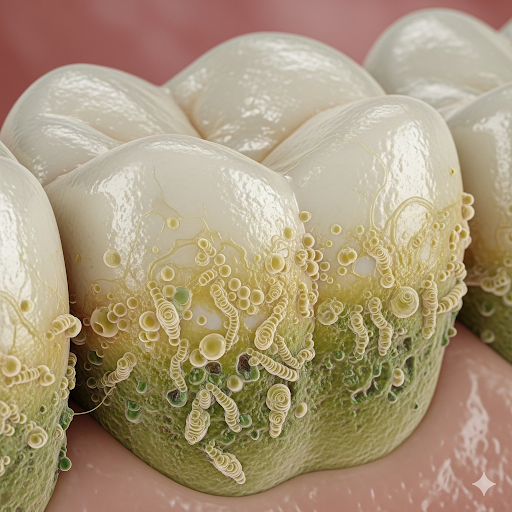 歯の表面のプラーク。実際にはこのようには見えないですが、プラーク1gに1000億〜1兆個の細菌がいるとされます。